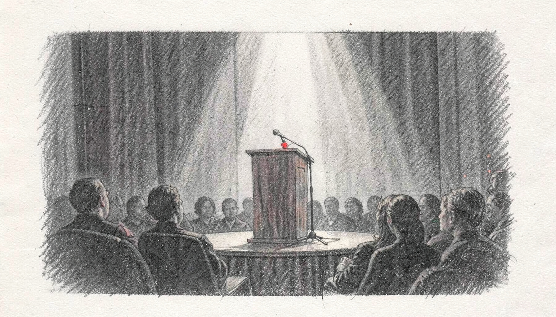 Graphite pencil sketch of a speaker at a podium on a conference stage, warm spotlight, dark audience silhouettes, muted tones