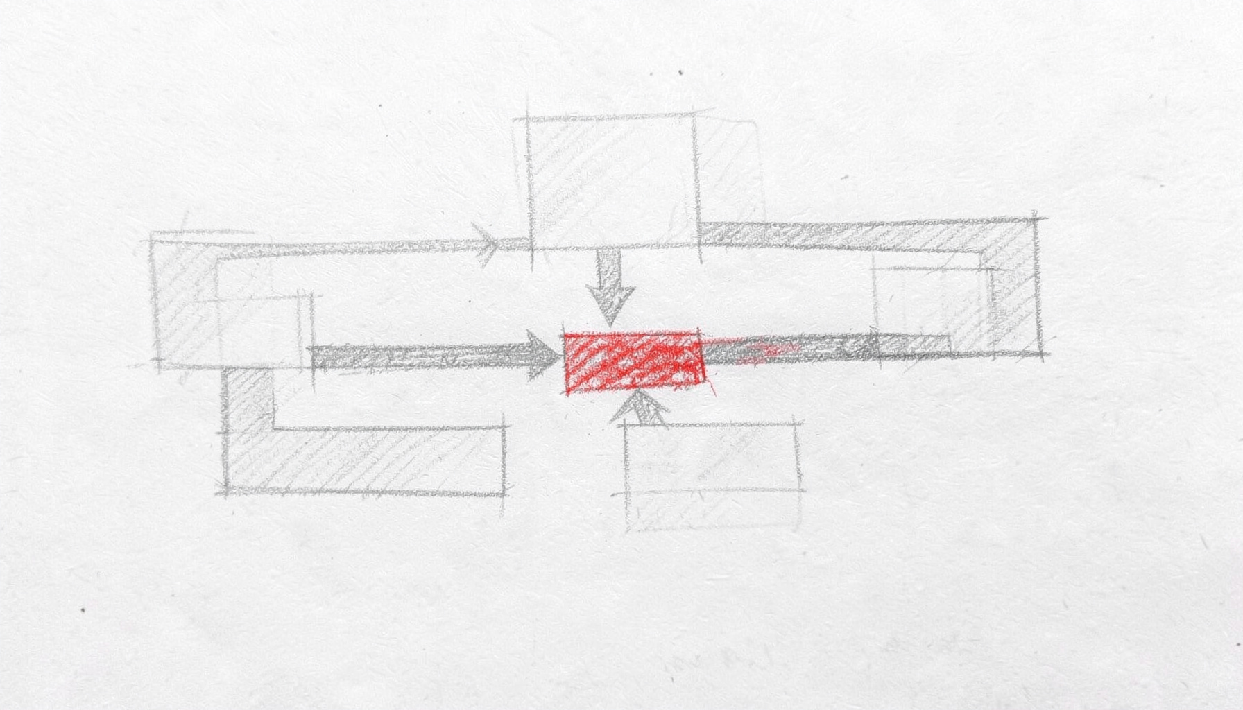 Graphite pencil sketch of a continuous delivery pipeline diagram drawn on a whiteboard, arrows and boxes in soft graphite tones