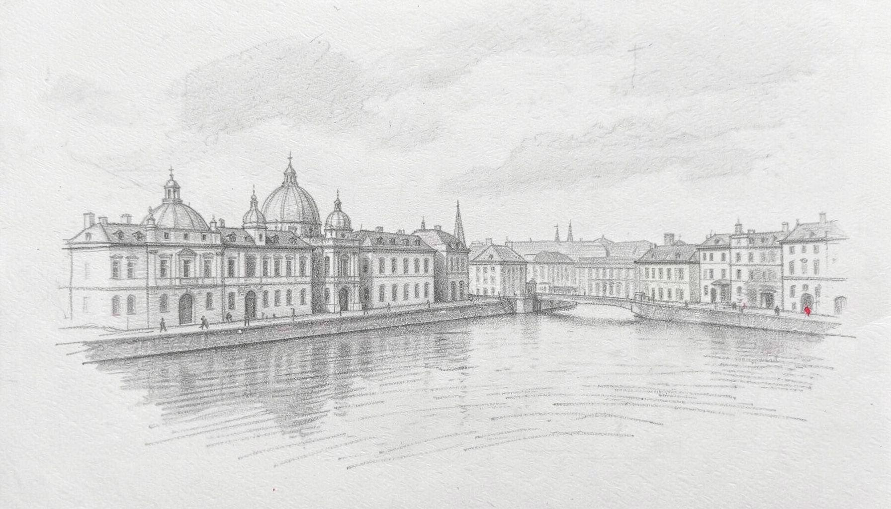 Graphite pencil sketch of a European city skyline with historic domed buildings and a broad river, rendered in soft grey
