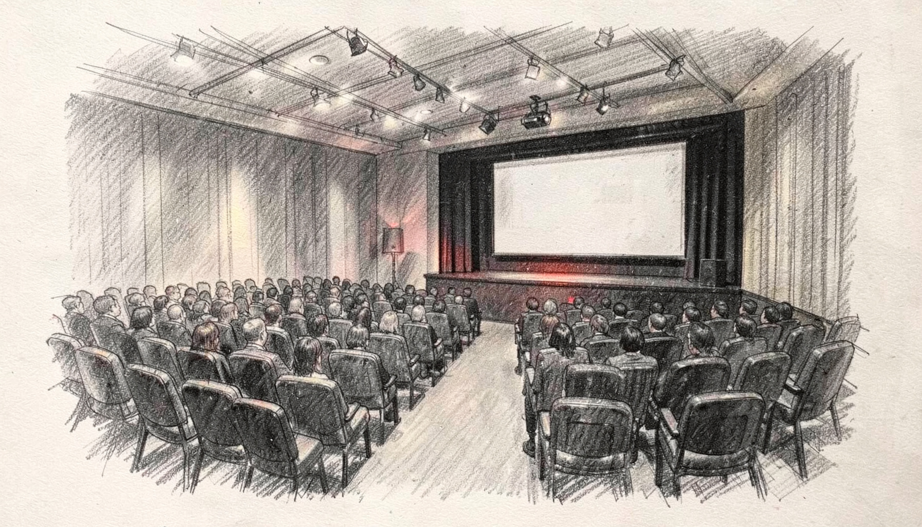 Graphite pencil sketch of a conference hall with rows of seating, a stage with a large projection screen, and soft overhead lighting