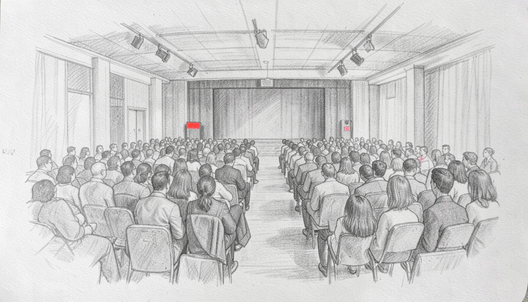 A graphite pencil sketch of a large conference hall filled with rows of seated attendees facing a distant stage, soft grey tones with warm ambient light