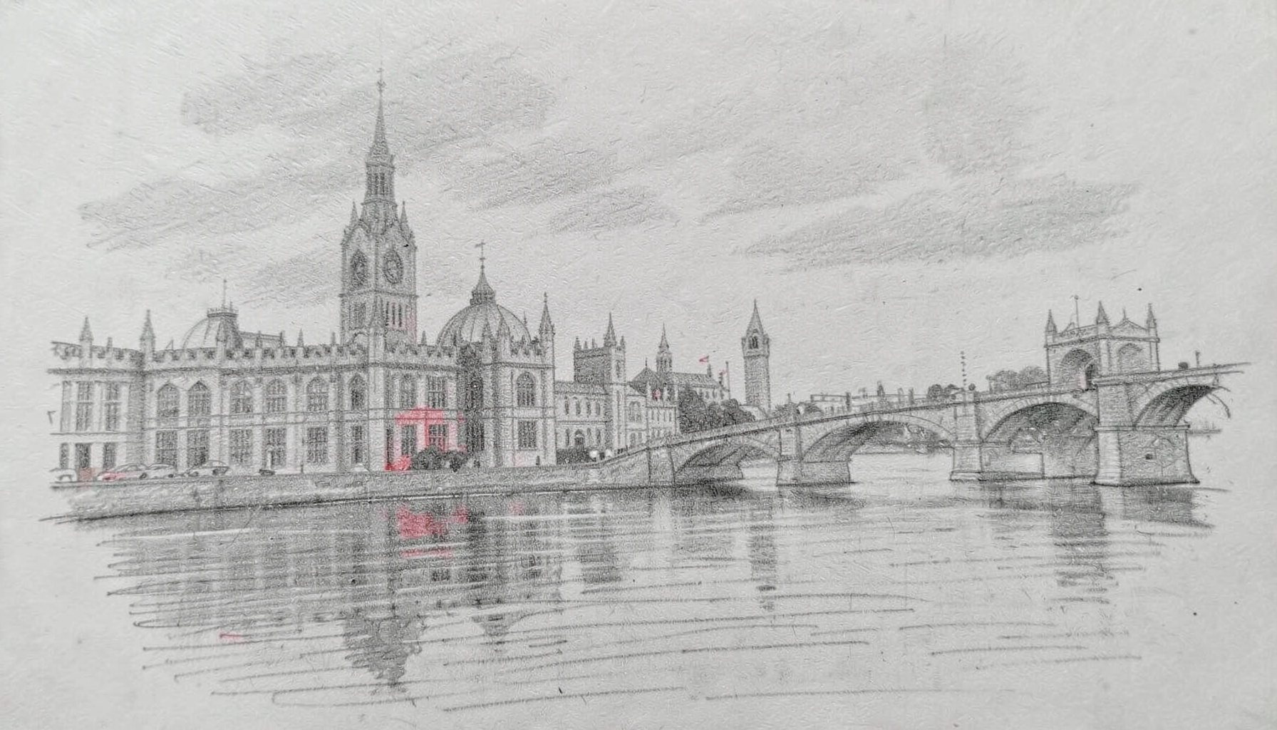 Graphite pencil sketch of the London skyline with the Thames, rendered in soft grey tones with a muted, overcast sky